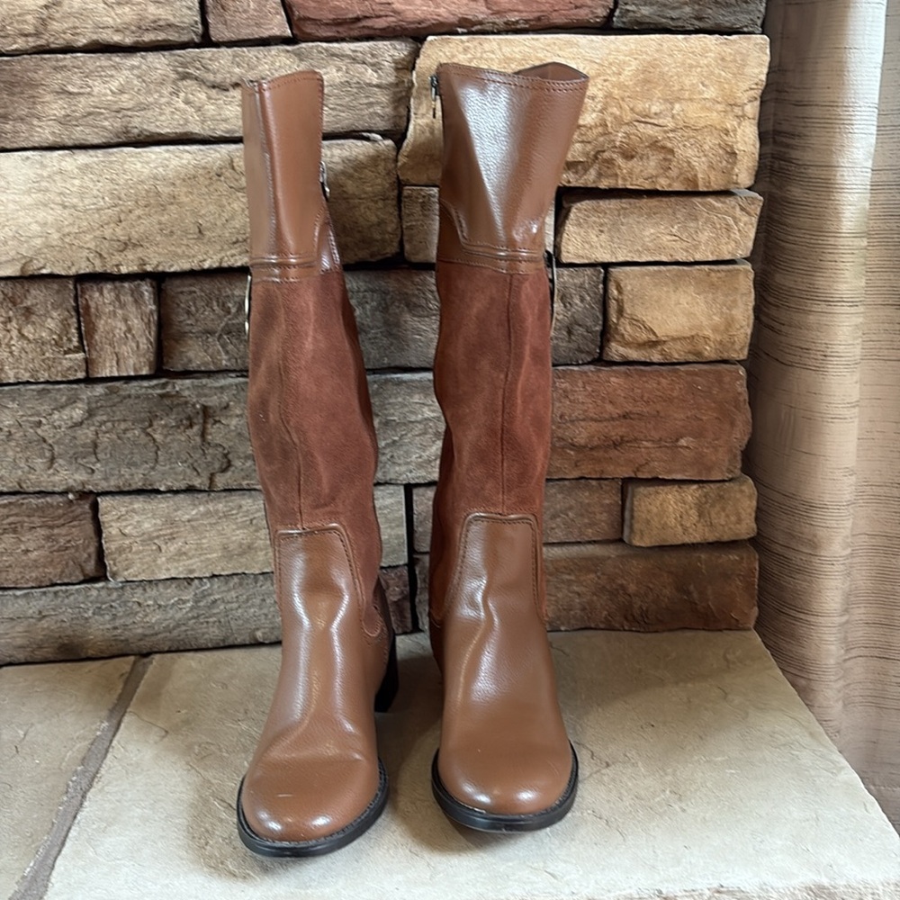 Etienne Aigner Brown Leather & Suede Knee-High Heeled Boots - Picture 3 of 15